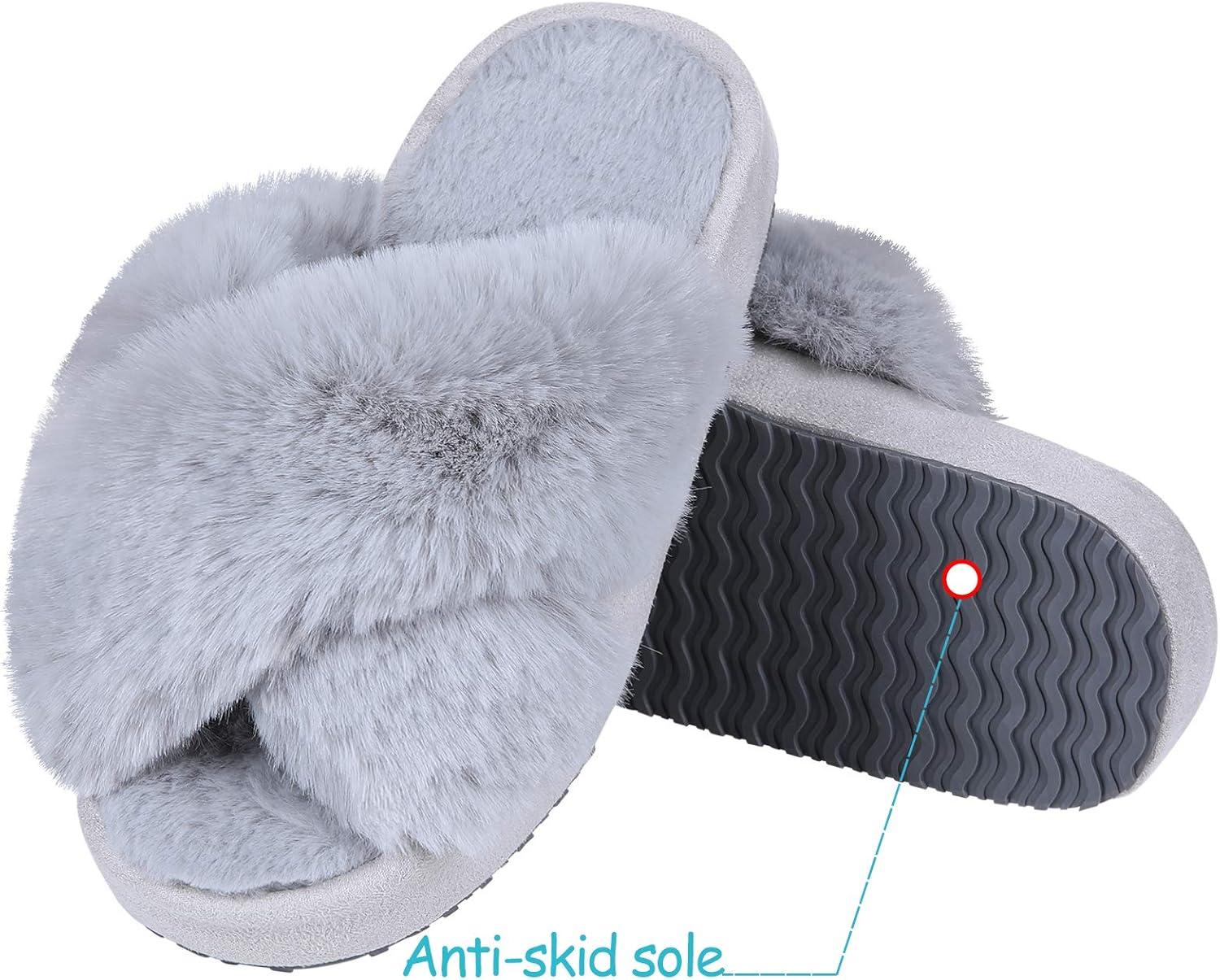 imageGirls Soft Plush Lightweight House Slippers Non Slip Cross Band Slip on Open Toe Cozy Indoor Outdoor SlippersGrey