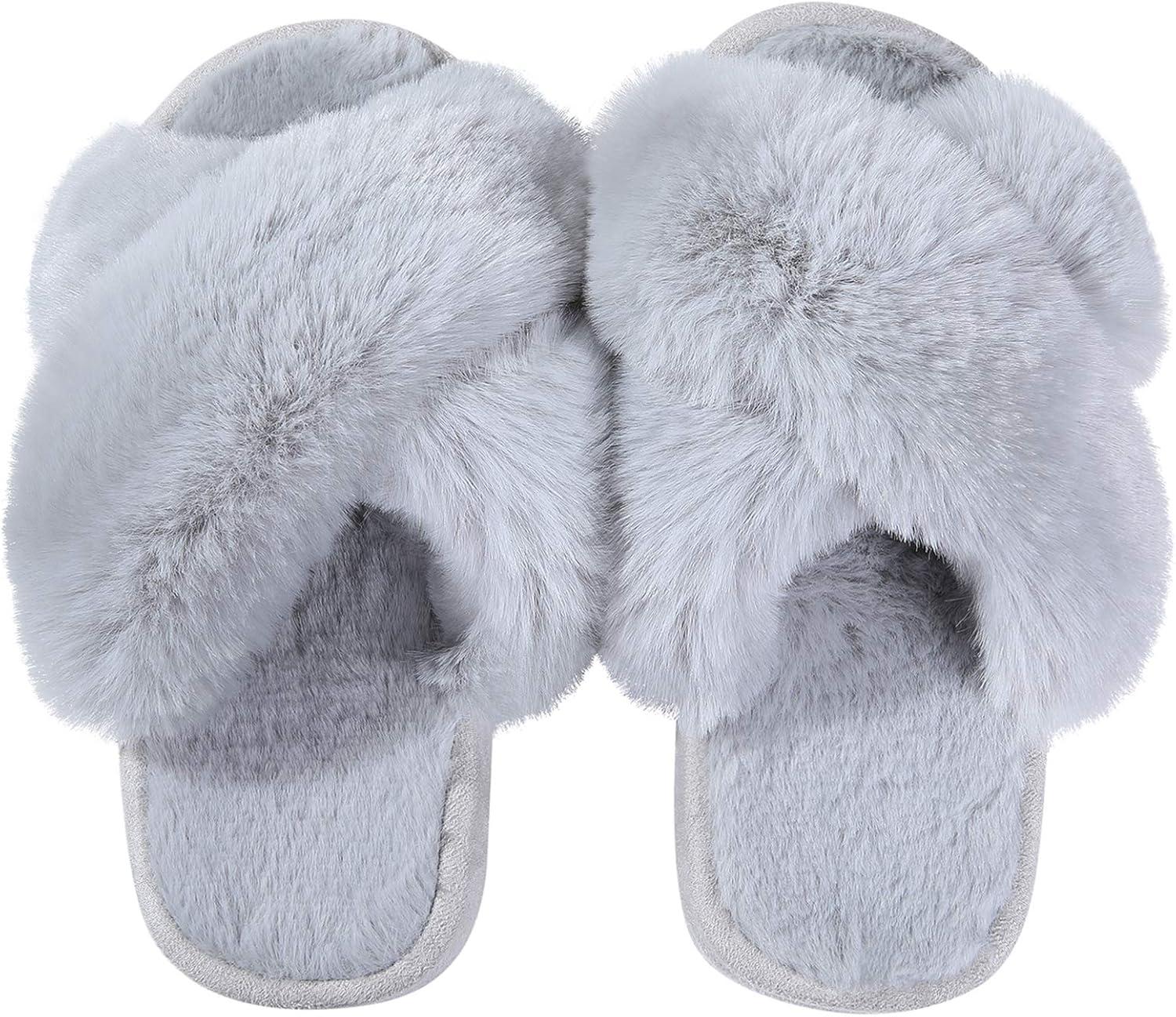 imageGirls Soft Plush Lightweight House Slippers Non Slip Cross Band Slip on Open Toe Cozy Indoor Outdoor SlippersGrey
