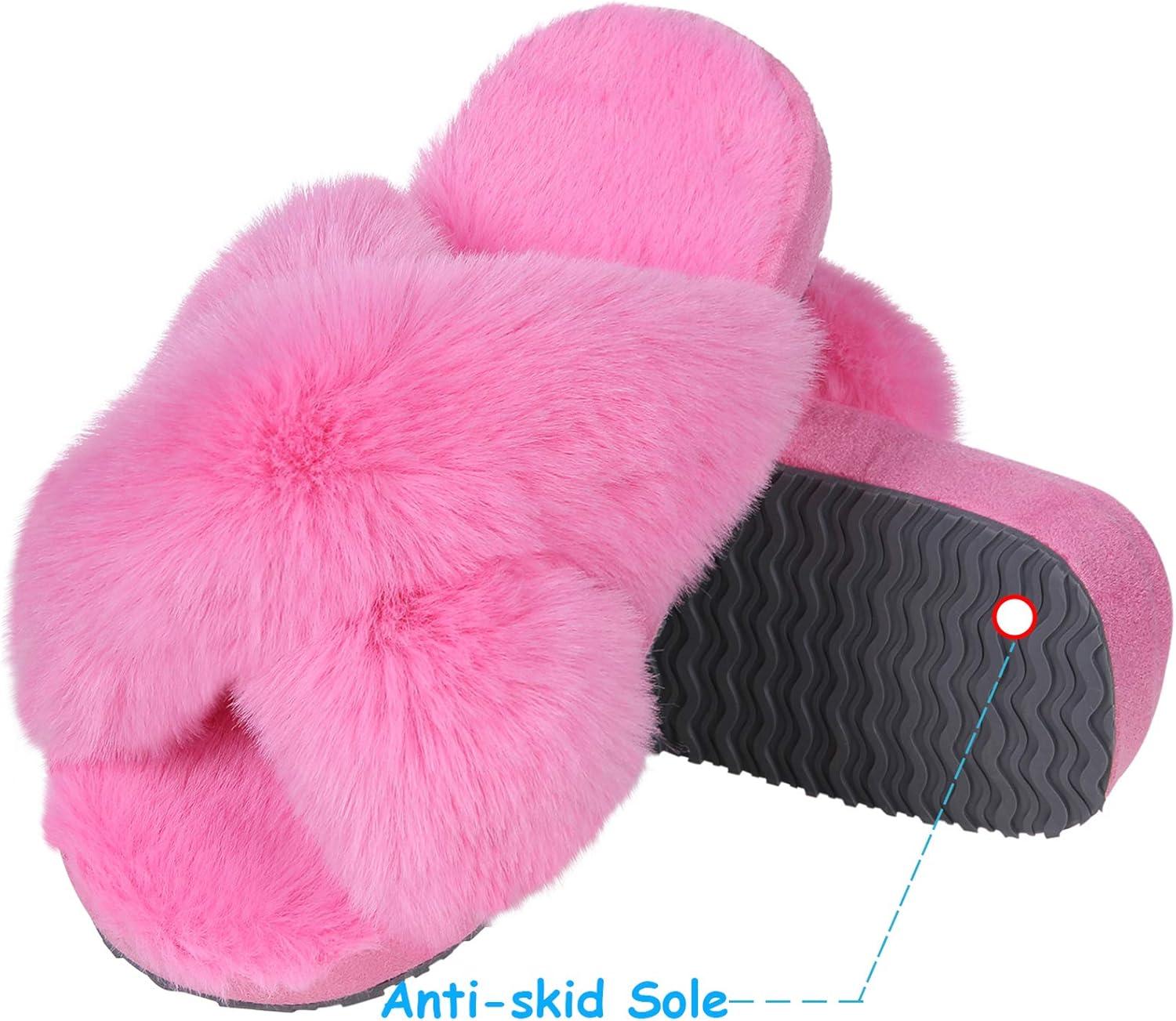 imageGirls Soft Plush Lightweight House Slippers Non Slip Cross Band Slip on Open Toe Cozy Indoor Outdoor SlippersHot Pink