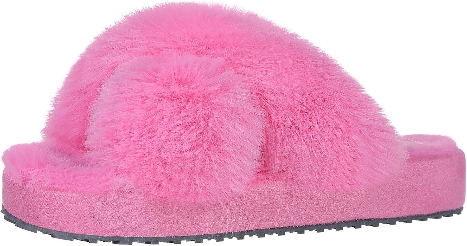 imageGirls Soft Plush Lightweight House Slippers Non Slip Cross Band Slip on Open Toe Cozy Indoor Outdoor SlippersHot Pink