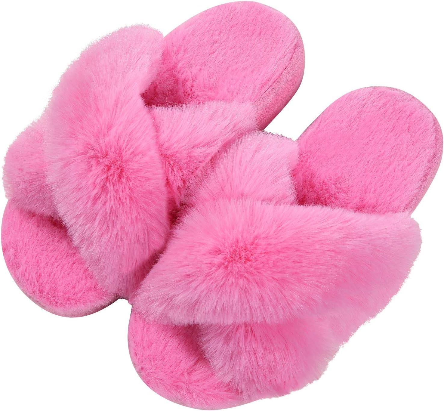 imageGirls Soft Plush Lightweight House Slippers Non Slip Cross Band Slip on Open Toe Cozy Indoor Outdoor SlippersHot Pink