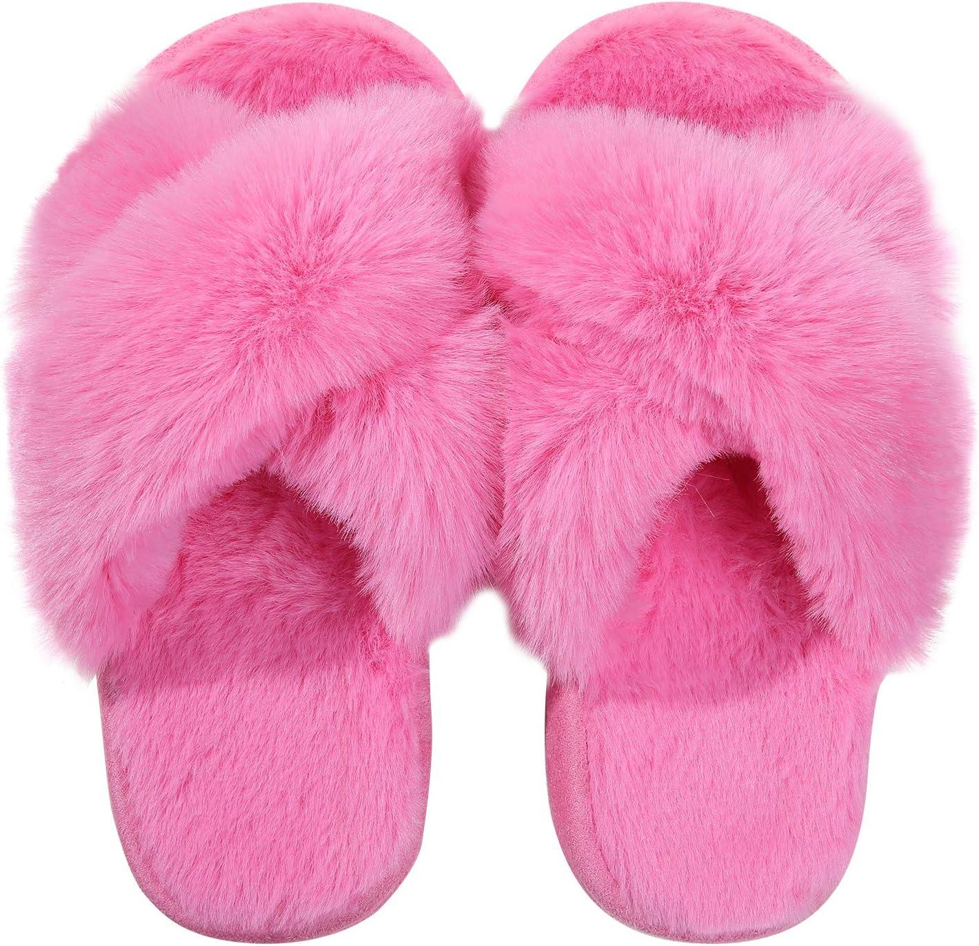 imageGirls Soft Plush Lightweight House Slippers Non Slip Cross Band Slip on Open Toe Cozy Indoor Outdoor SlippersHot Pink