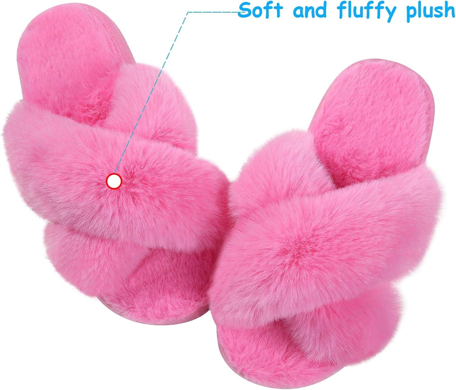 imageGirls Soft Plush Lightweight House Slippers Non Slip Cross Band Slip on Open Toe Cozy Indoor Outdoor SlippersHot Pink