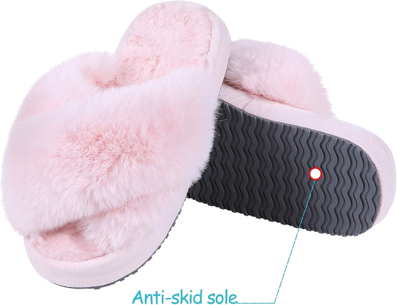 imageGirls Soft Plush Lightweight House Slippers Non Slip Cross Band Slip on Open Toe Cozy Indoor Outdoor SlippersPink