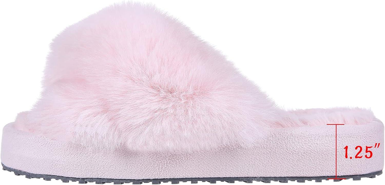 imageGirls Soft Plush Lightweight House Slippers Non Slip Cross Band Slip on Open Toe Cozy Indoor Outdoor SlippersPink