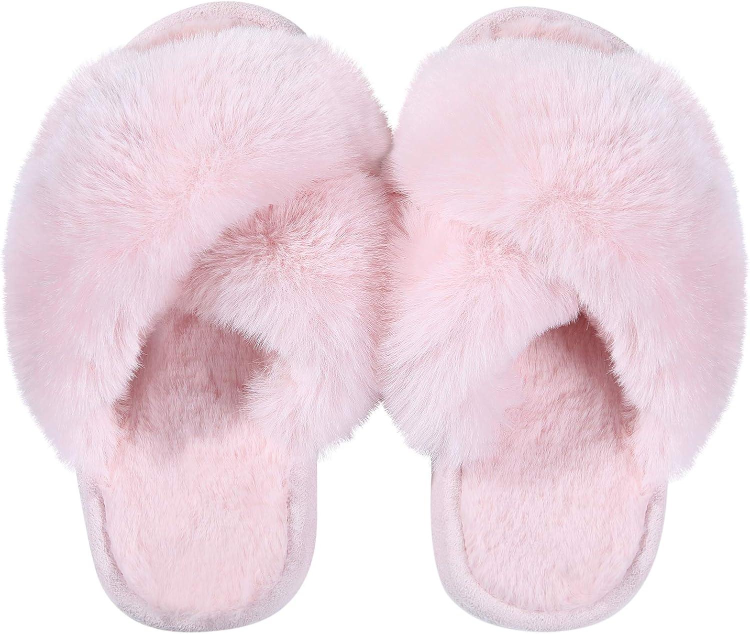 imageGirls Soft Plush Lightweight House Slippers Non Slip Cross Band Slip on Open Toe Cozy Indoor Outdoor SlippersPink