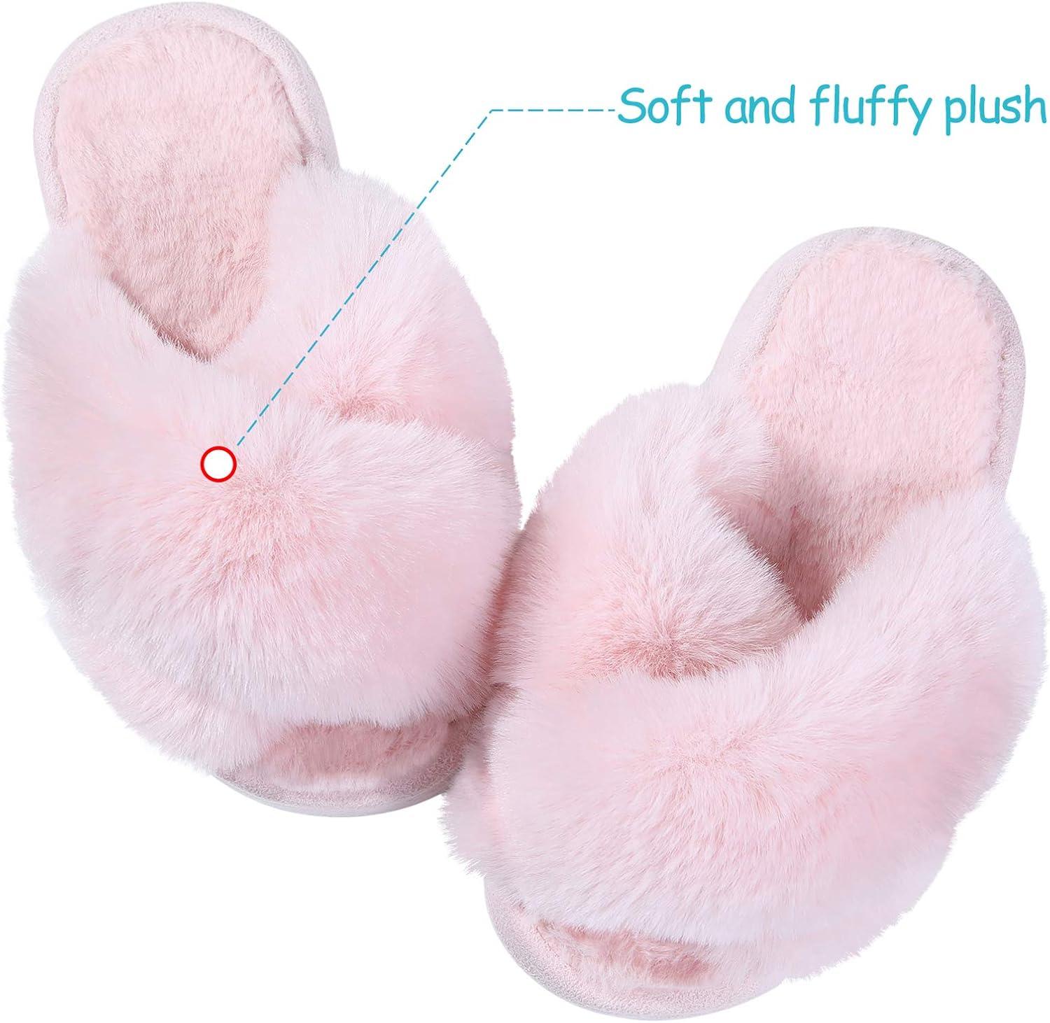 imageGirls Soft Plush Lightweight House Slippers Non Slip Cross Band Slip on Open Toe Cozy Indoor Outdoor SlippersPink