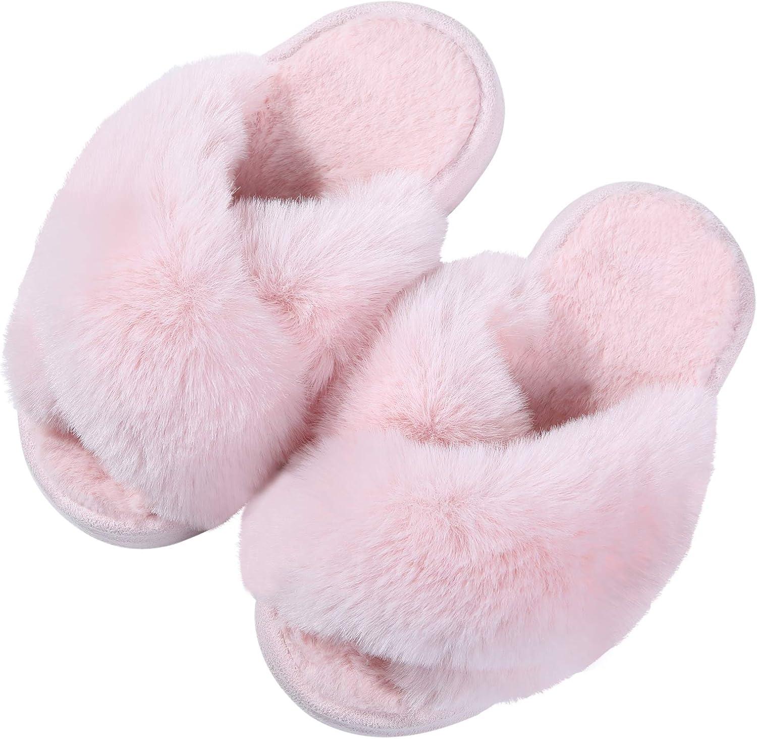 imageGirls Soft Plush Lightweight House Slippers Non Slip Cross Band Slip on Open Toe Cozy Indoor Outdoor SlippersPink