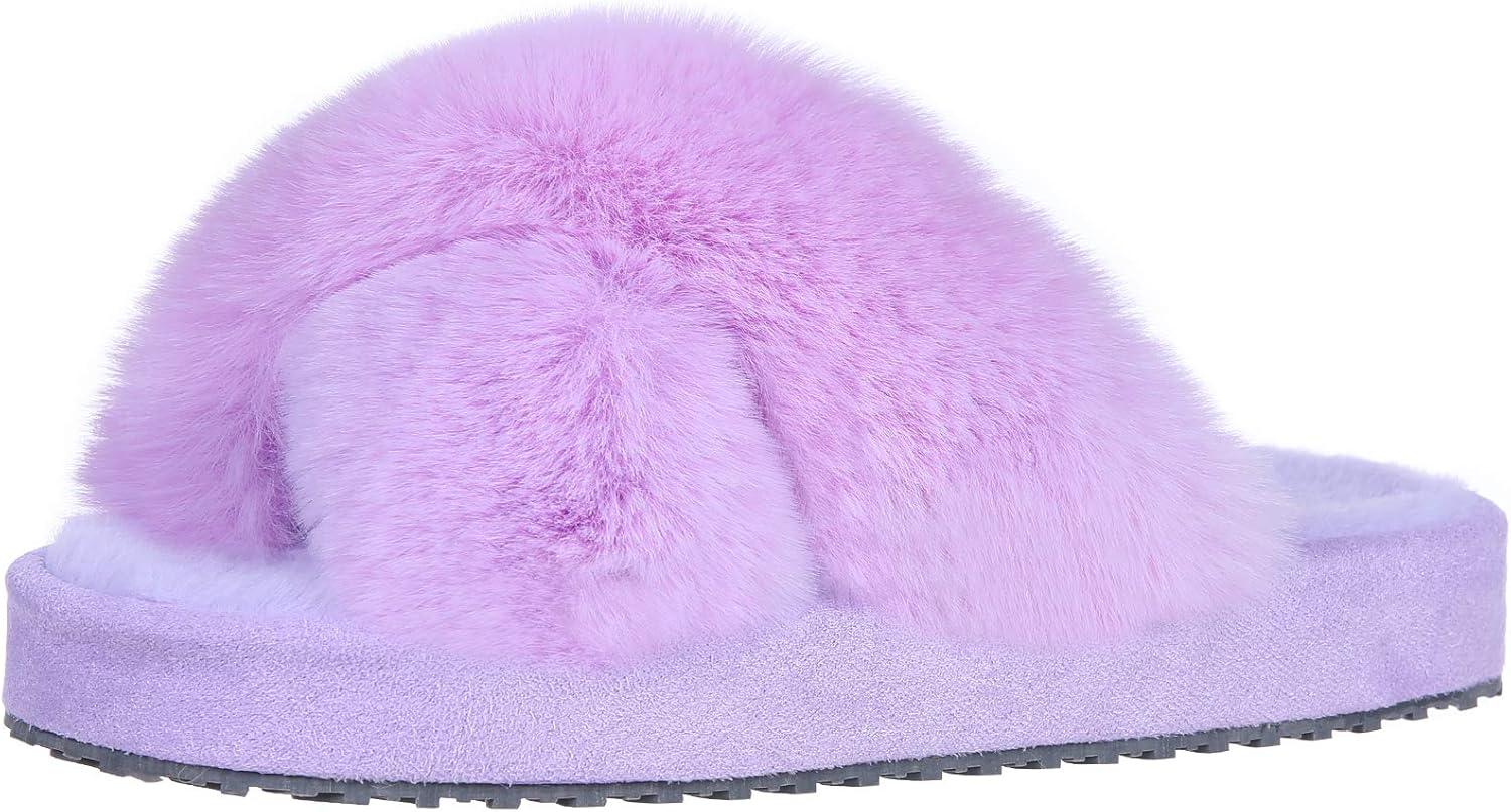 imageGirls Soft Plush Lightweight House Slippers Non Slip Cross Band Slip on Open Toe Cozy Indoor Outdoor SlippersPurple