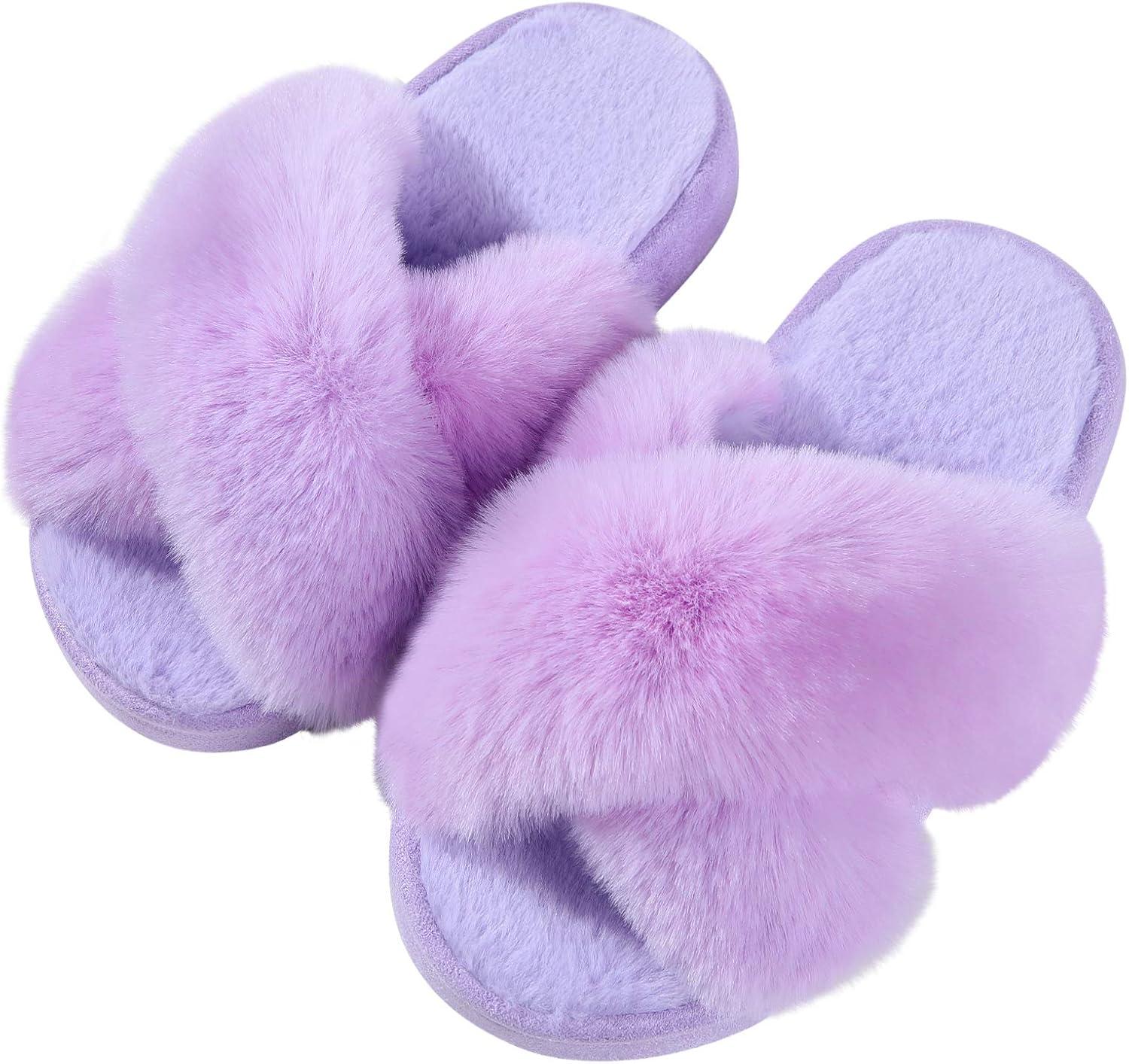 imageGirls Soft Plush Lightweight House Slippers Non Slip Cross Band Slip on Open Toe Cozy Indoor Outdoor SlippersPurple