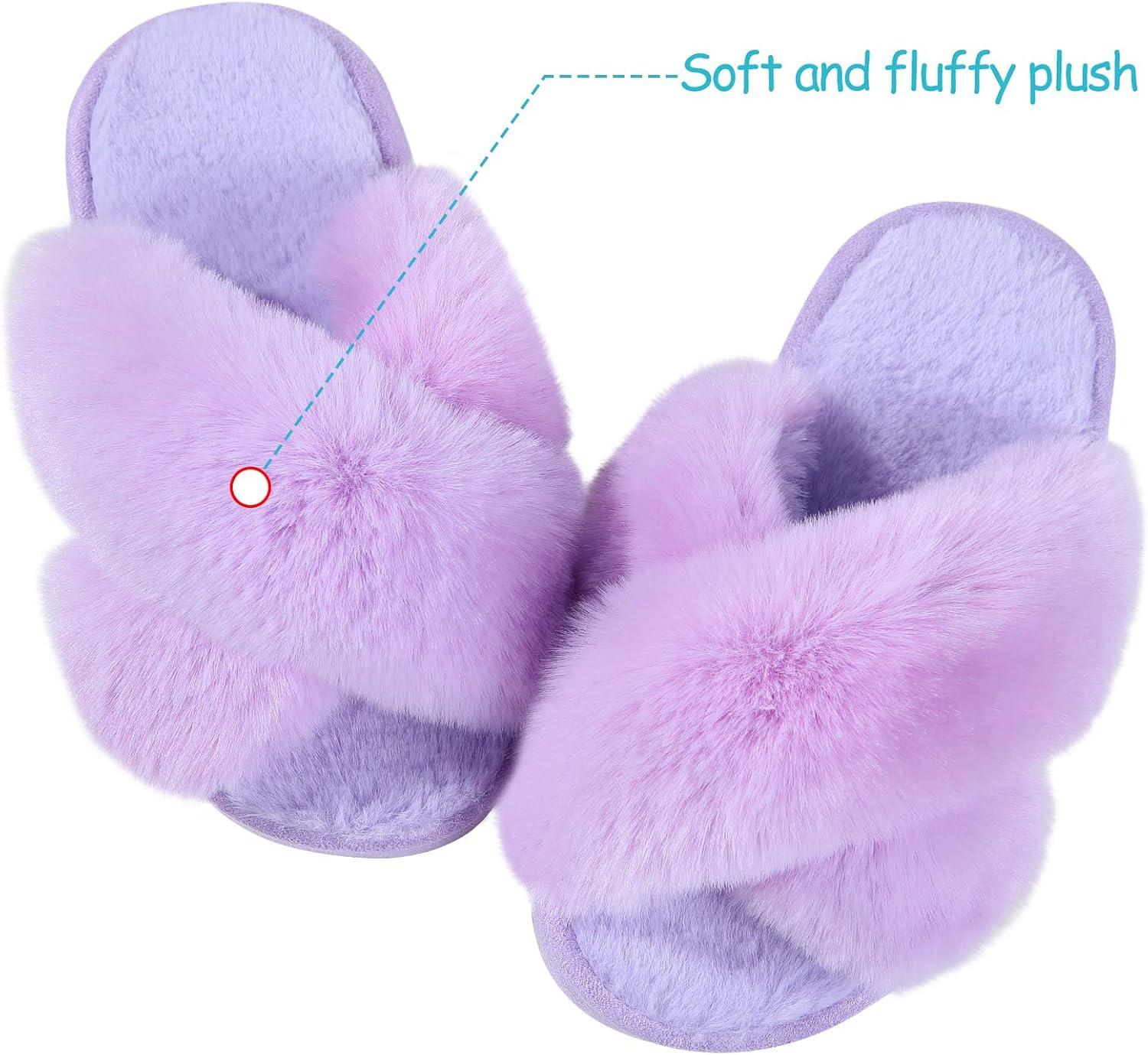 imageGirls Soft Plush Lightweight House Slippers Non Slip Cross Band Slip on Open Toe Cozy Indoor Outdoor SlippersPurple