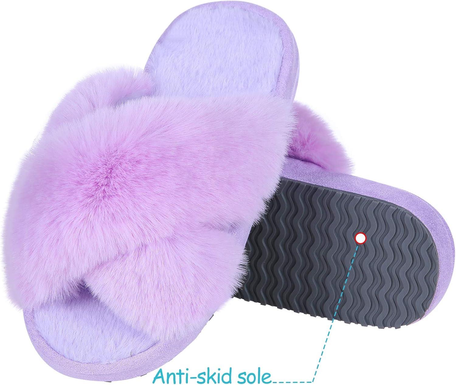 imageGirls Soft Plush Lightweight House Slippers Non Slip Cross Band Slip on Open Toe Cozy Indoor Outdoor SlippersPurple