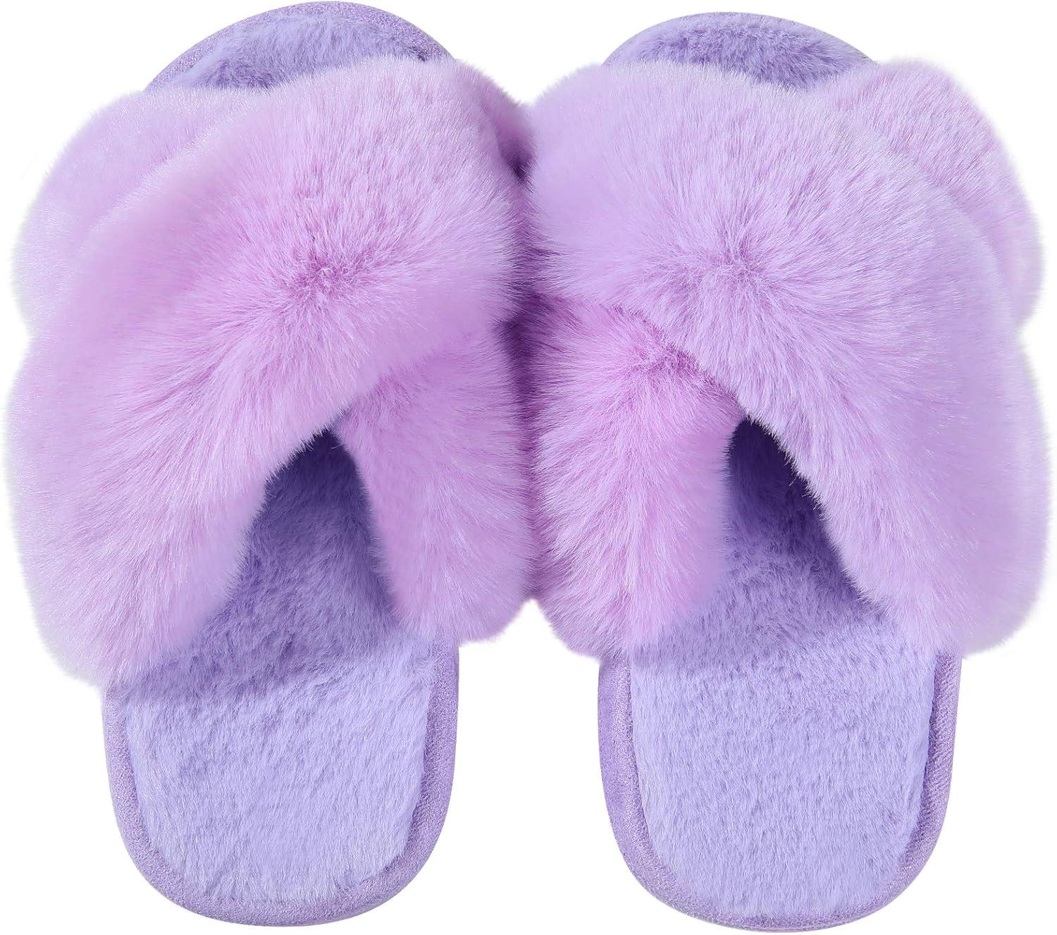 imageGirls Soft Plush Lightweight House Slippers Non Slip Cross Band Slip on Open Toe Cozy Indoor Outdoor SlippersPurple