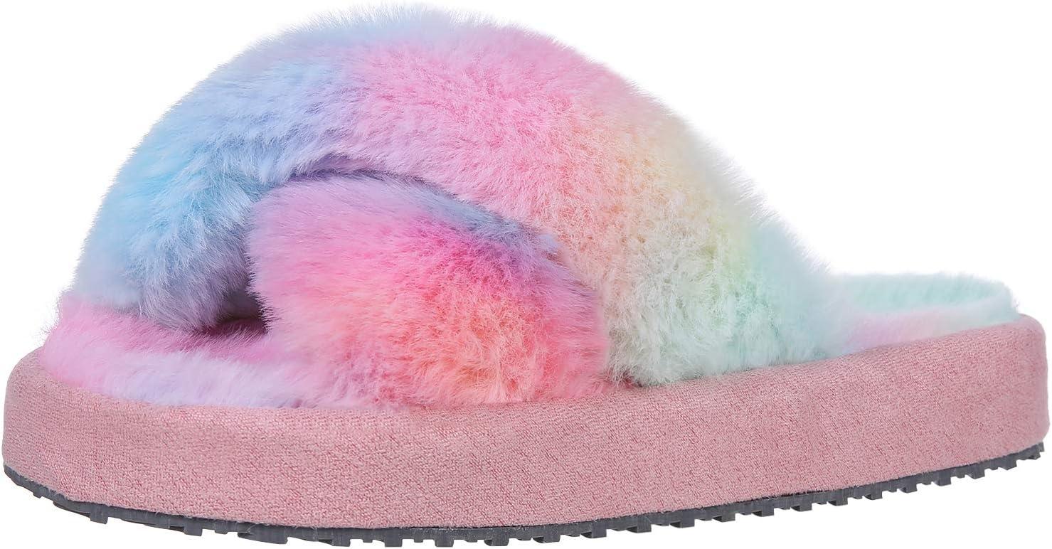 imageGirls Soft Plush Lightweight House Slippers Non Slip Cross Band Slip on Open Toe Cozy Indoor Outdoor SlippersTiedye Pink