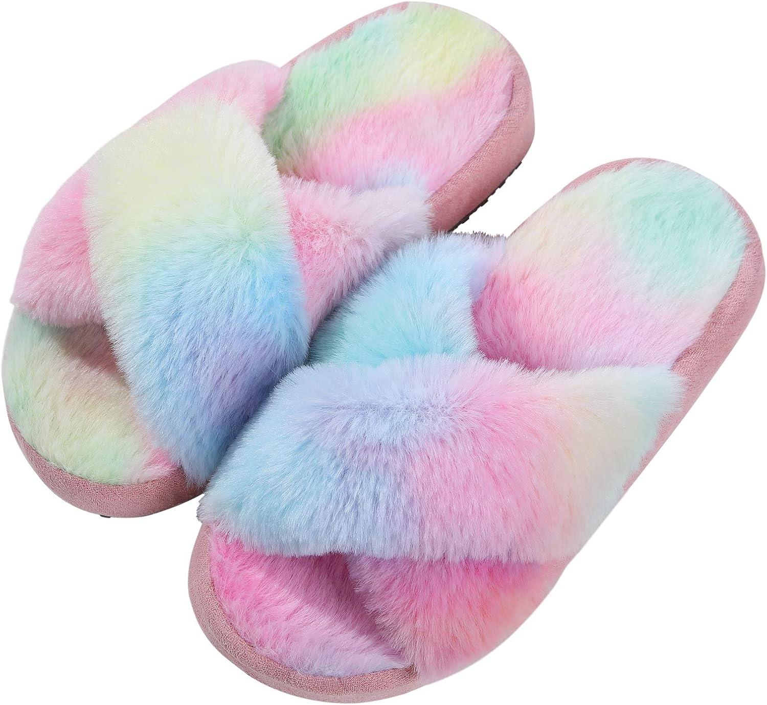 imageGirls Soft Plush Lightweight House Slippers Non Slip Cross Band Slip on Open Toe Cozy Indoor Outdoor SlippersTiedye Pink