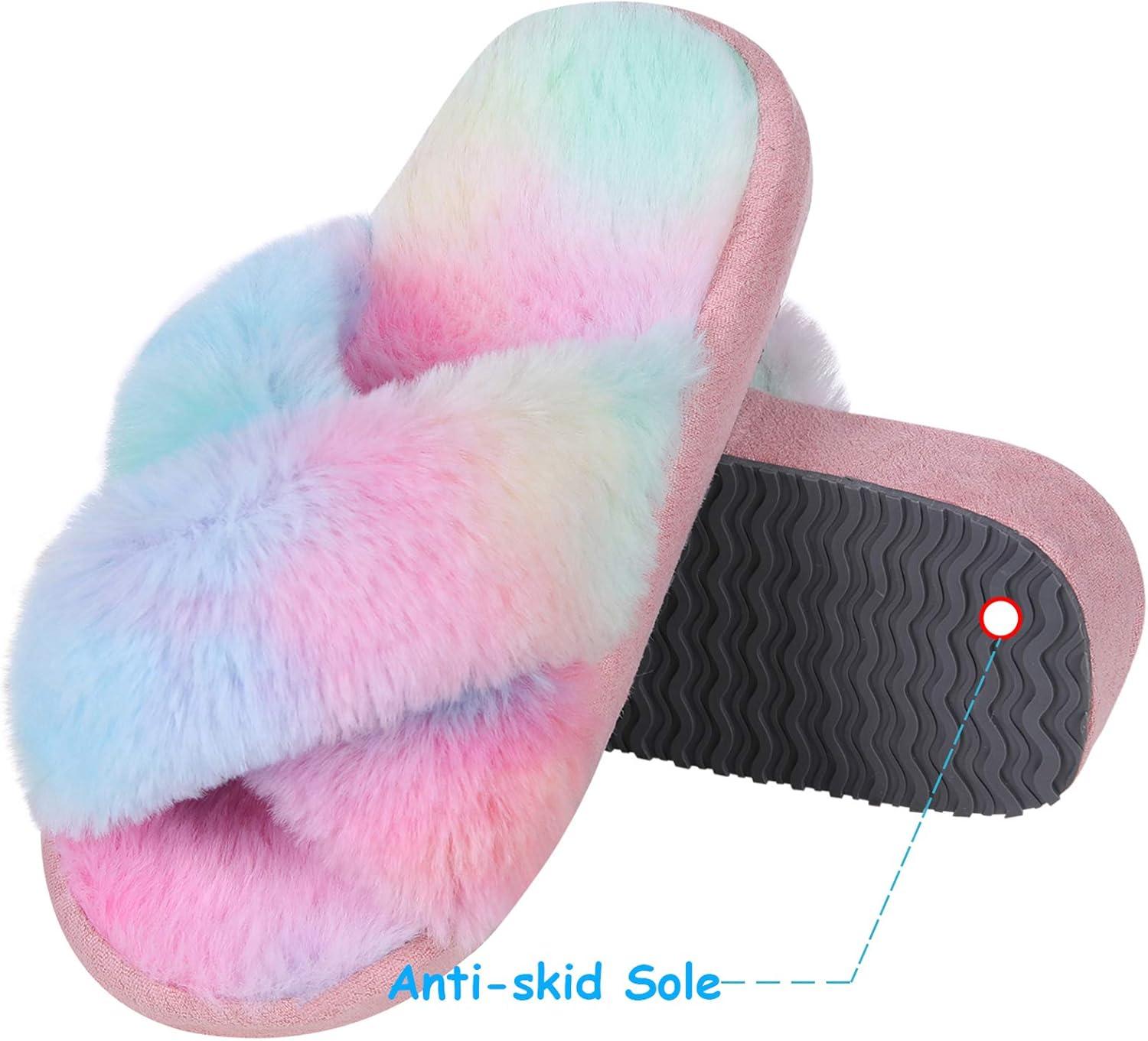 imageGirls Soft Plush Lightweight House Slippers Non Slip Cross Band Slip on Open Toe Cozy Indoor Outdoor SlippersTiedye Pink
