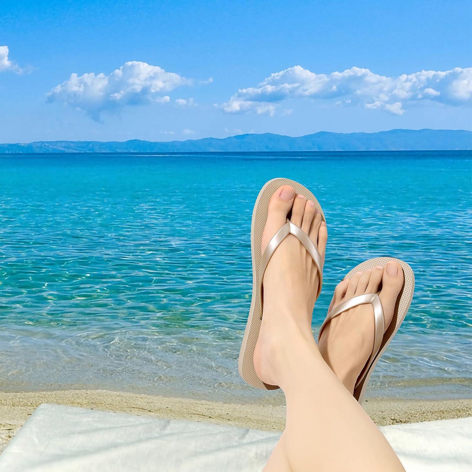 imageSlim Flip Flops for Women Beach Rubber Shower Shoes Basic Thong SandalsLight Gold