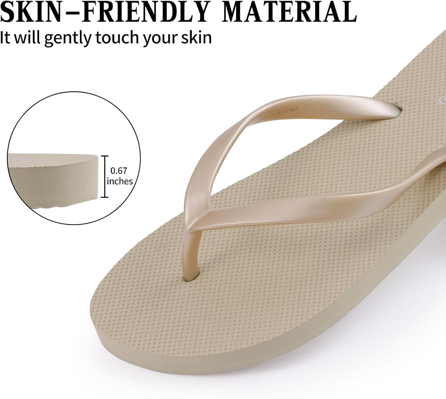 imageSlim Flip Flops for Women Beach Rubber Shower Shoes Basic Thong SandalsLight Gold