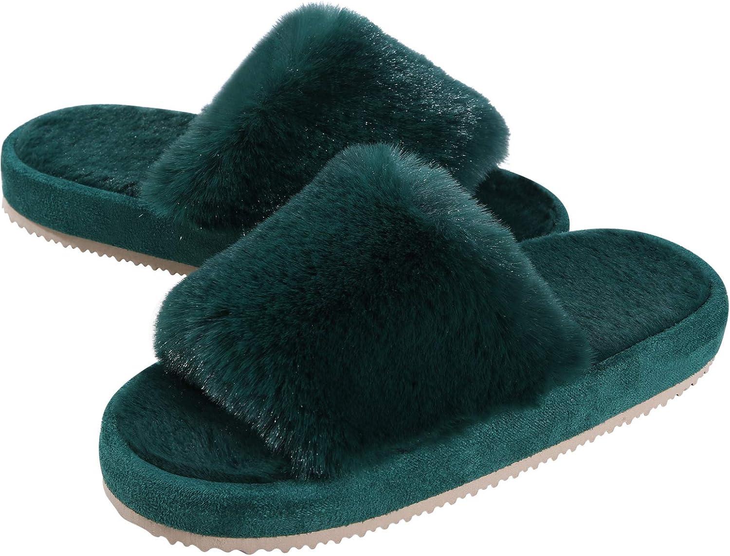 imageWomen Fuzzy Fluffy Slippers Open Toe Light Cozy Slip on House Slippers Indoor Outdoor Slippers