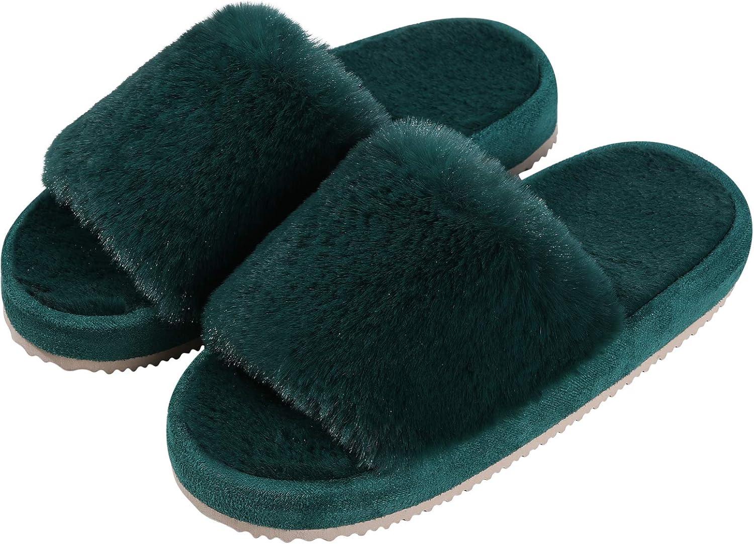 imageWomen Fuzzy Fluffy Slippers Open Toe Light Cozy Slip on House Slippers Indoor Outdoor Slippers