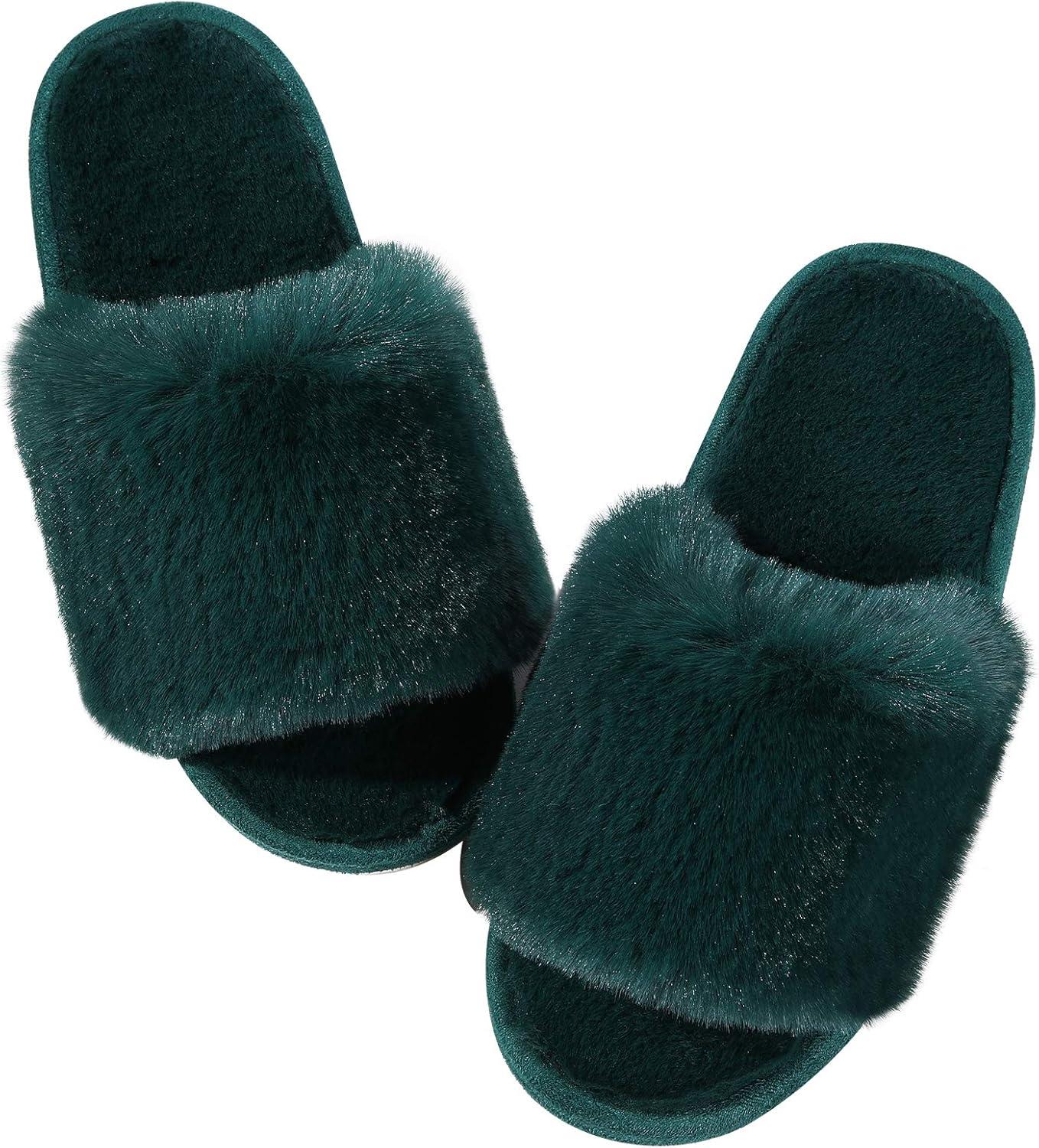 imageWomen Fuzzy Fluffy Slippers Open Toe Light Cozy Slip on House Slippers Indoor Outdoor Slippers