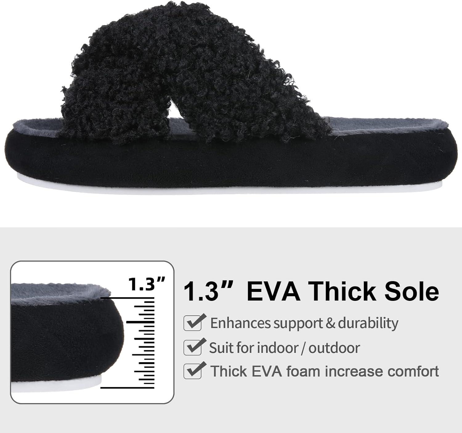 imageWomens Fuzzy Curly Fur Slippers Cross Band Slip on Open Toe Comfy House Shoes Indoor Outdoor Slippers