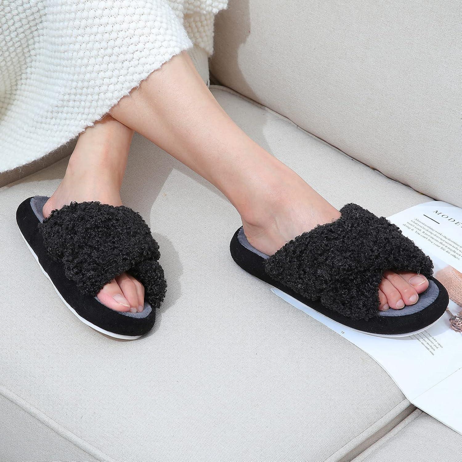 imageWomens Fuzzy Curly Fur Slippers Cross Band Slip on Open Toe Comfy House Shoes Indoor Outdoor Slippers