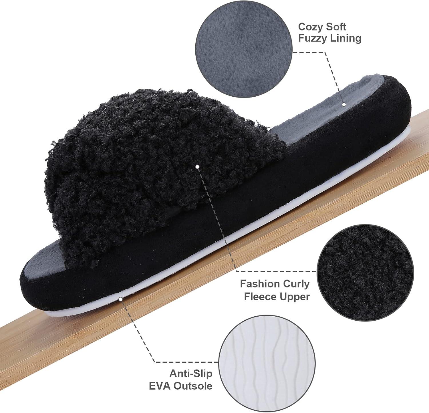 imageWomens Fuzzy Curly Fur Slippers Cross Band Slip on Open Toe Comfy House Shoes Indoor Outdoor Slippers