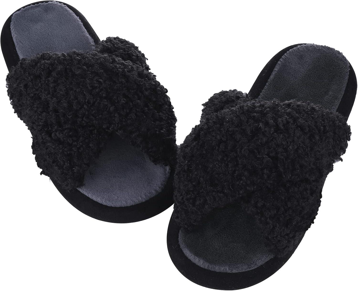 imageWomens Fuzzy Curly Fur Slippers Cross Band Slip on Open Toe Comfy House Shoes Indoor Outdoor Slippers