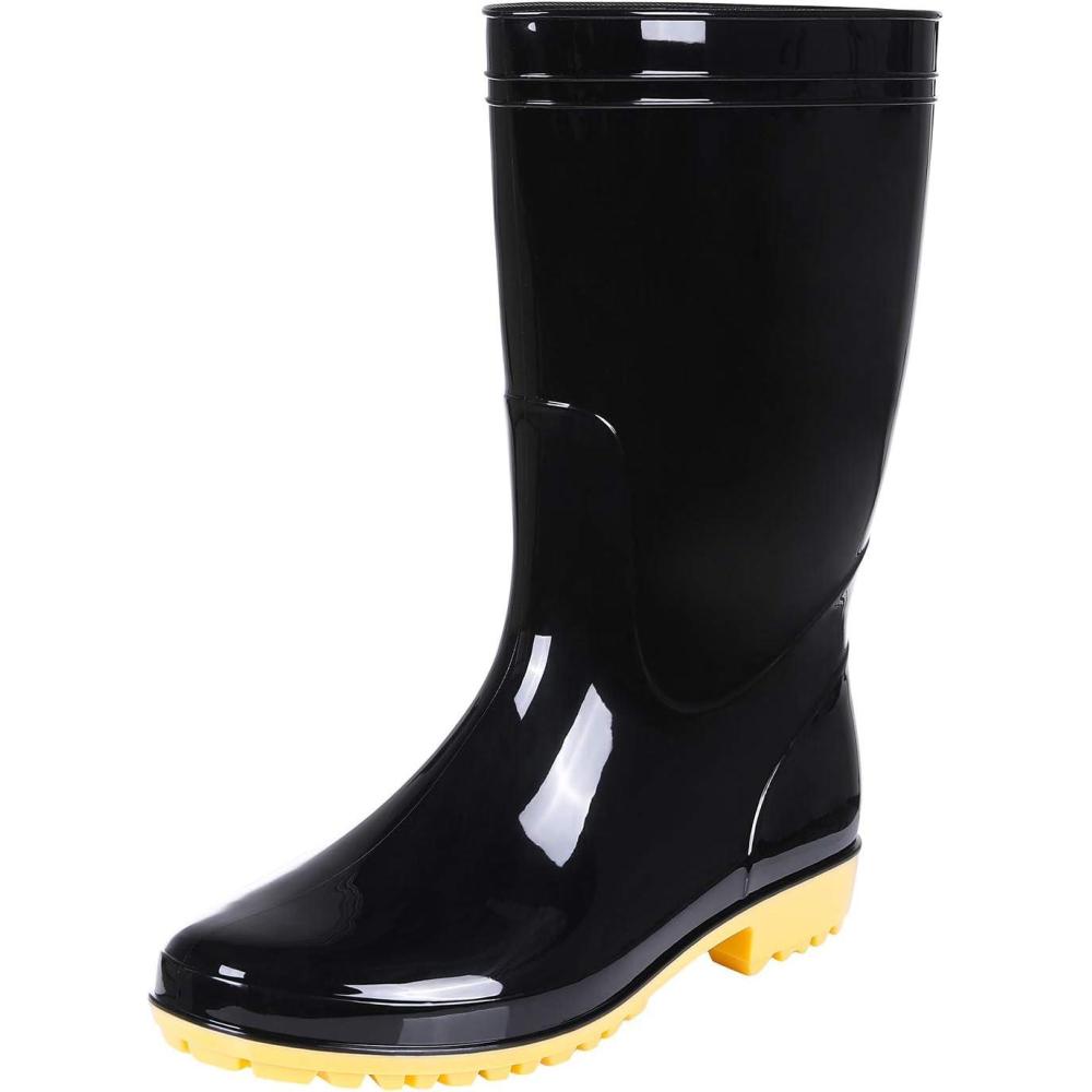 imageComwarm Mens Midcalf Rain Boots Waterproof AntiSlip Black PVC Adult Outdoor Work Rubber BootsBlack With Yellow Bottom