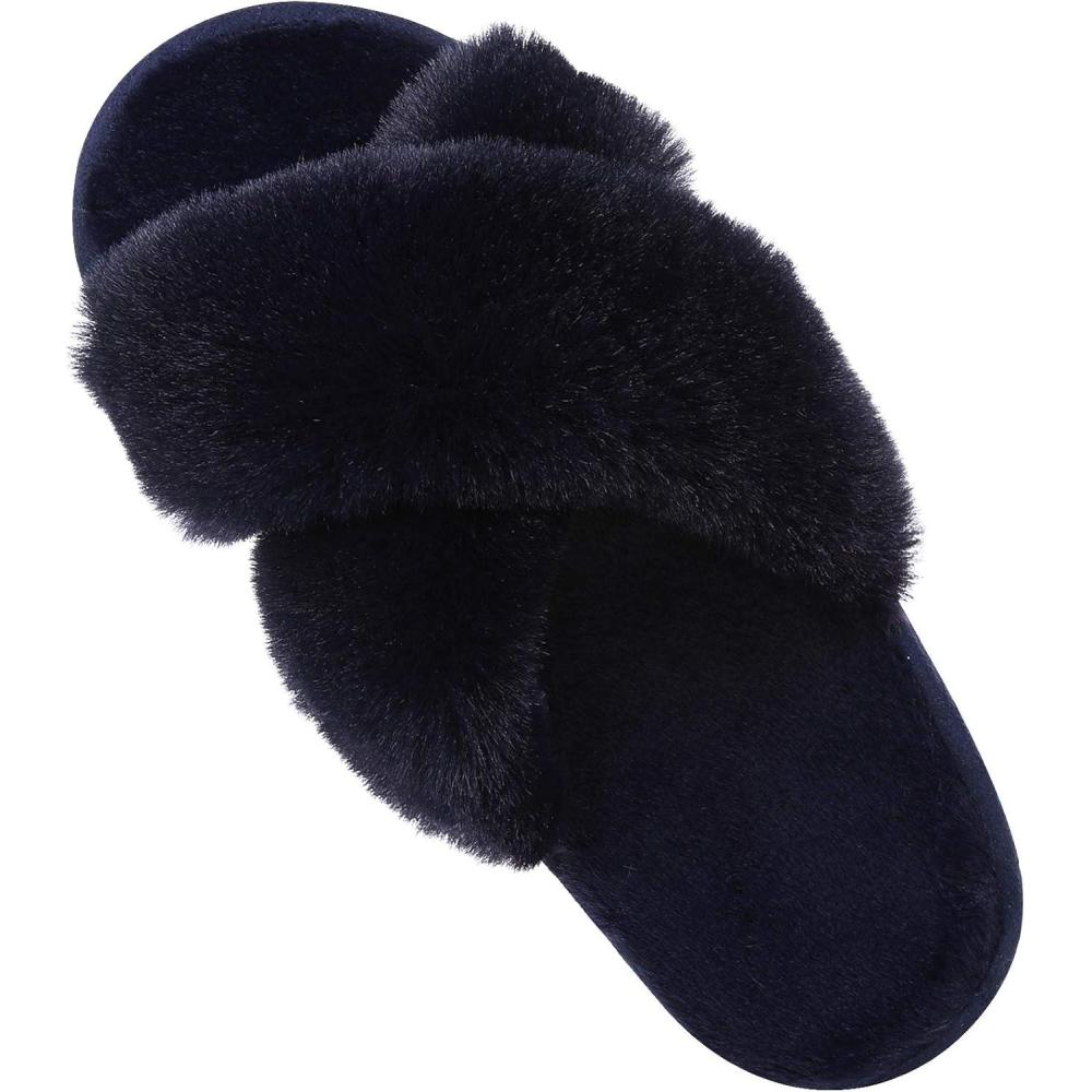 imageComwarm Womens Cross Band Fuzzy Slippers Fluffy Open Toe House Slippers Cozy Plush Bedroom Shoes Indoor OutdoorNavy Blue