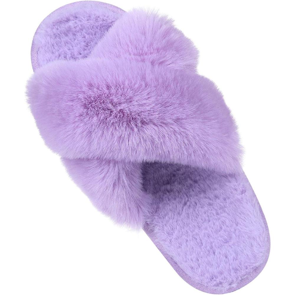 imageComwarm Womens Cross Band Fuzzy Slippers Fluffy Open Toe House Slippers Cozy Plush Bedroom Shoes Indoor OutdoorPurple