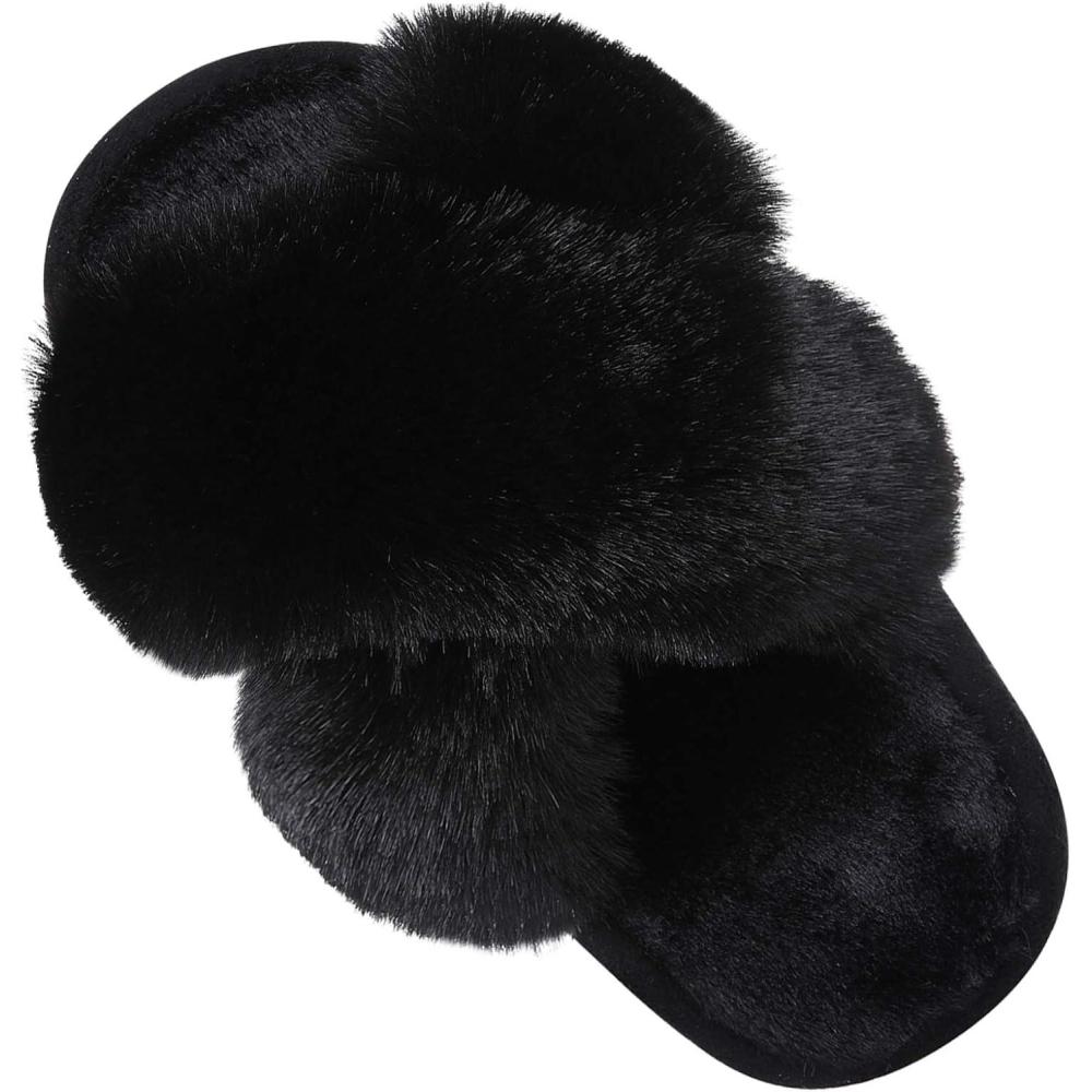 imageGirls Soft Plush Lightweight House Slippers Non Slip Cross Band Slip on Open Toe Cozy Indoor Outdoor SlippersBlack