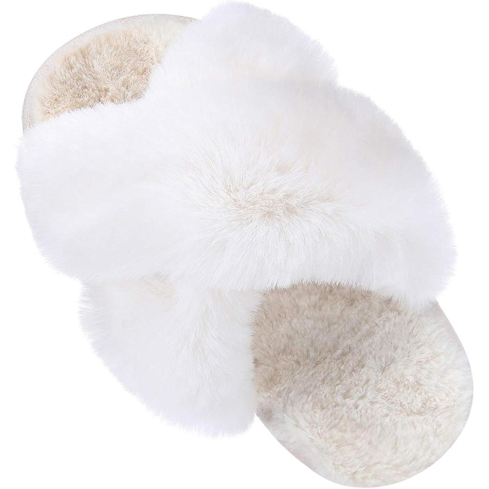 imageGirls Soft Plush Lightweight House Slippers Non Slip Cross Band Slip on Open Toe Cozy Indoor Outdoor SlippersCream
