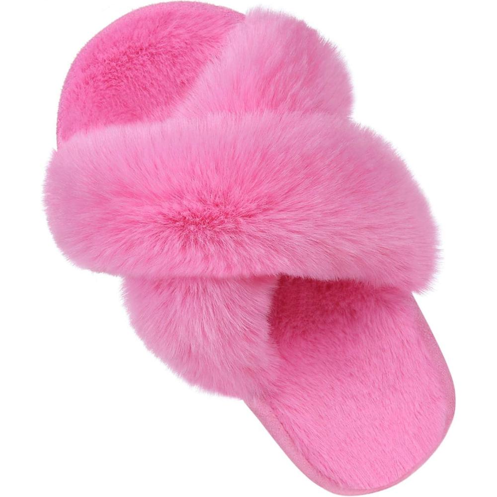 imageGirls Soft Plush Lightweight House Slippers Non Slip Cross Band Slip on Open Toe Cozy Indoor Outdoor SlippersHot Pink