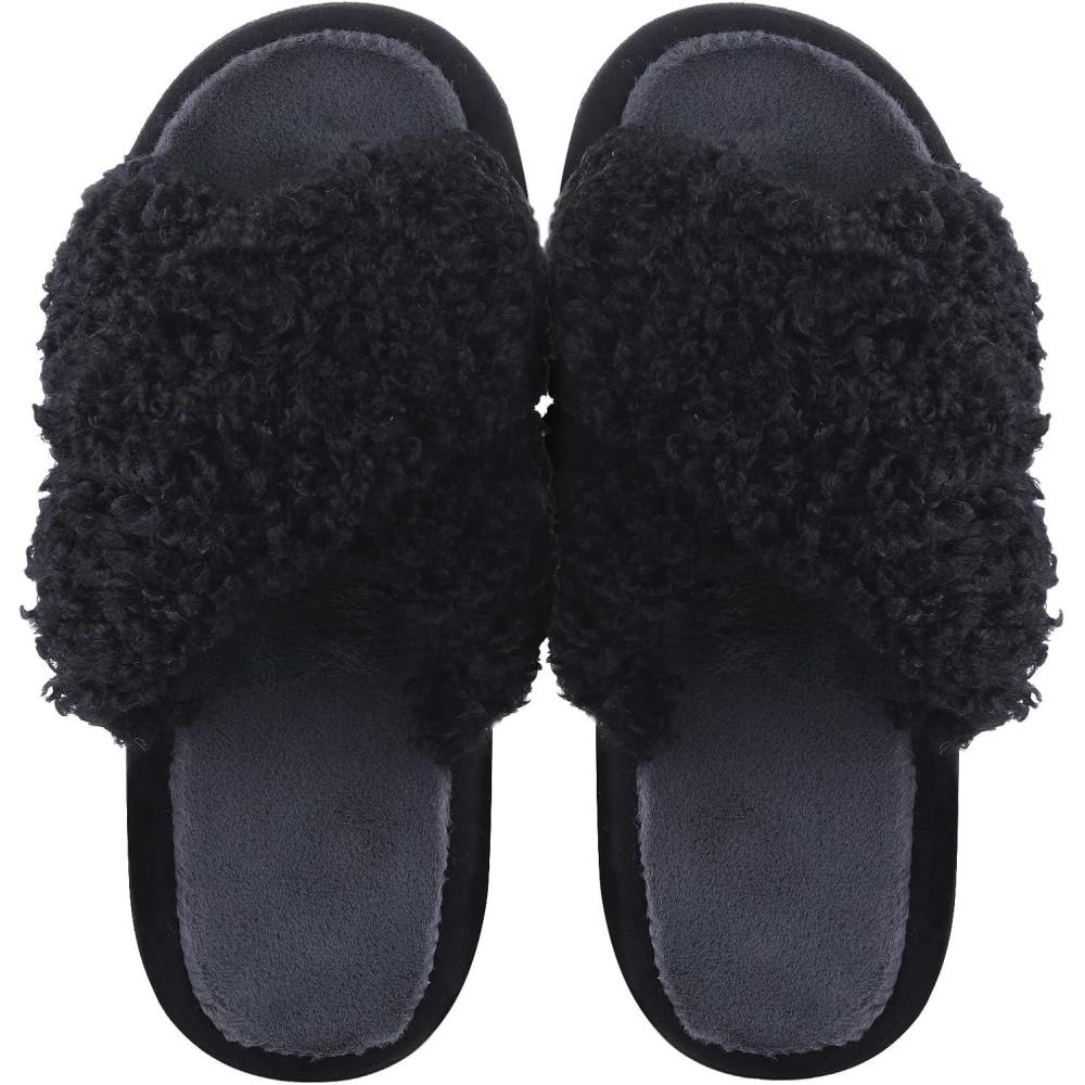 imageWomens Fuzzy Curly Fur Slippers Cross Band Slip on Open Toe Comfy House Shoes Indoor Outdoor Slippers
