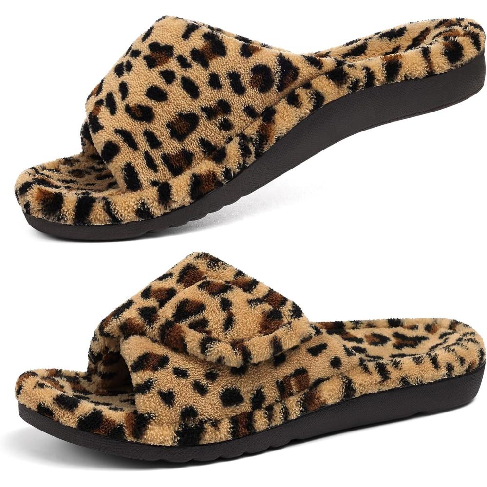 imageshevalues Orthopedic Slippers for Women with Arch Support Adjustable Open Toe House Shoes for Plantar FasciitisNew Leopard Brown