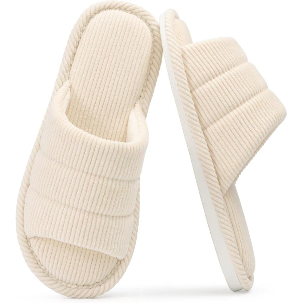 imageshevalues Terry Cloth Open Toe Slippers for Women Memory Foam Slip On House SlippersBeige