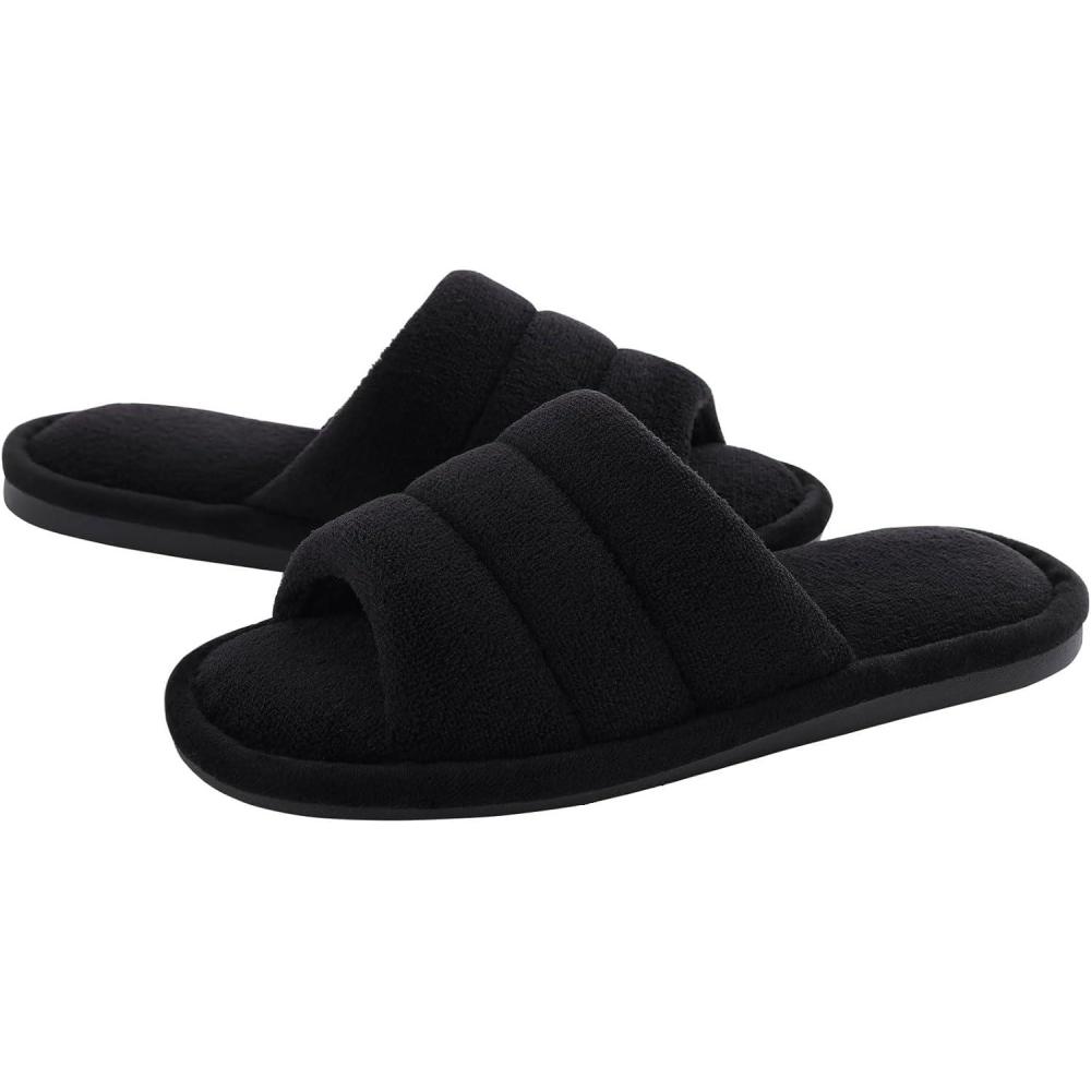 imageshevalues Terry Cloth Open Toe Slippers for Women Memory Foam Slip On House SlippersBlack