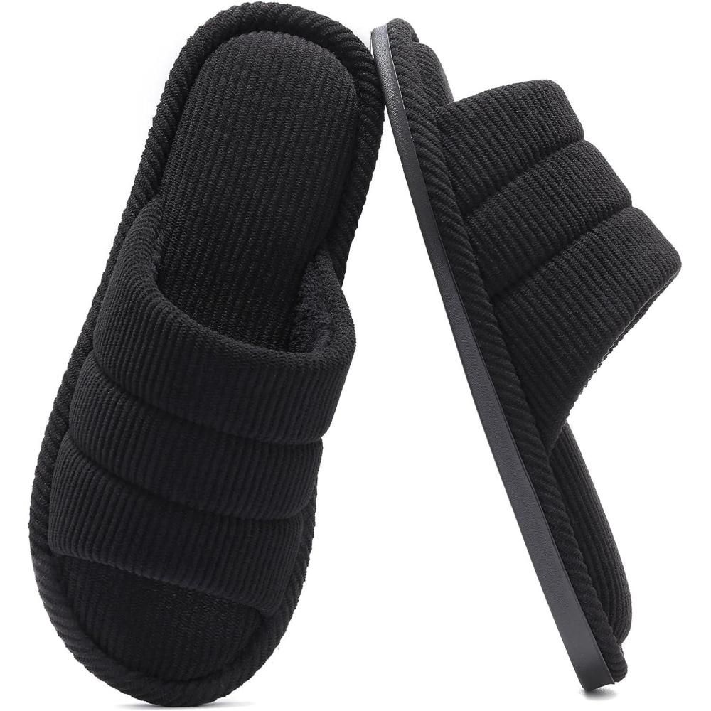 imageshevalues Terry Cloth Open Toe Slippers for Women Memory Foam Slip On House SlippersCarbon Black