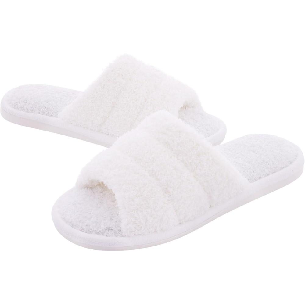 imageshevalues Terry Cloth Open Toe Slippers for Women Memory Foam Slip On House SlippersFuzzy White