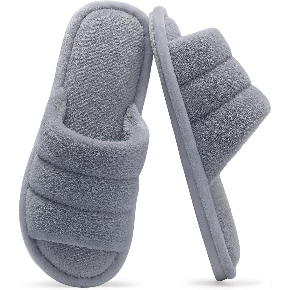 imageshevalues Terry Cloth Open Toe Slippers for Women Memory Foam Slip On House SlippersGrey