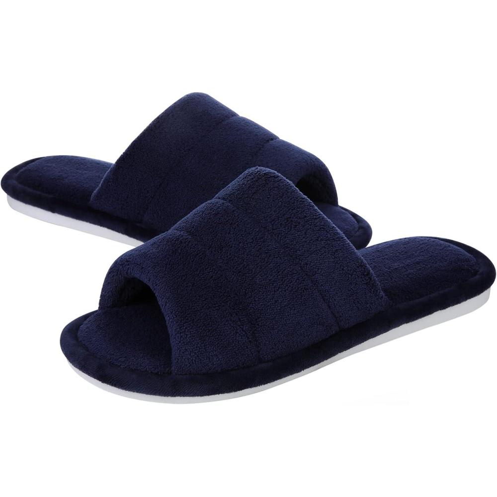 imageshevalues Terry Cloth Open Toe Slippers for Women Memory Foam Slip On House SlippersNavy