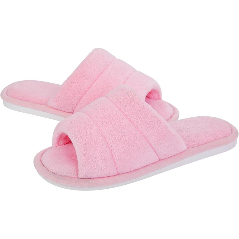 imageshevalues Terry Cloth Open Toe Slippers for Women Memory Foam Slip On House SlippersPink