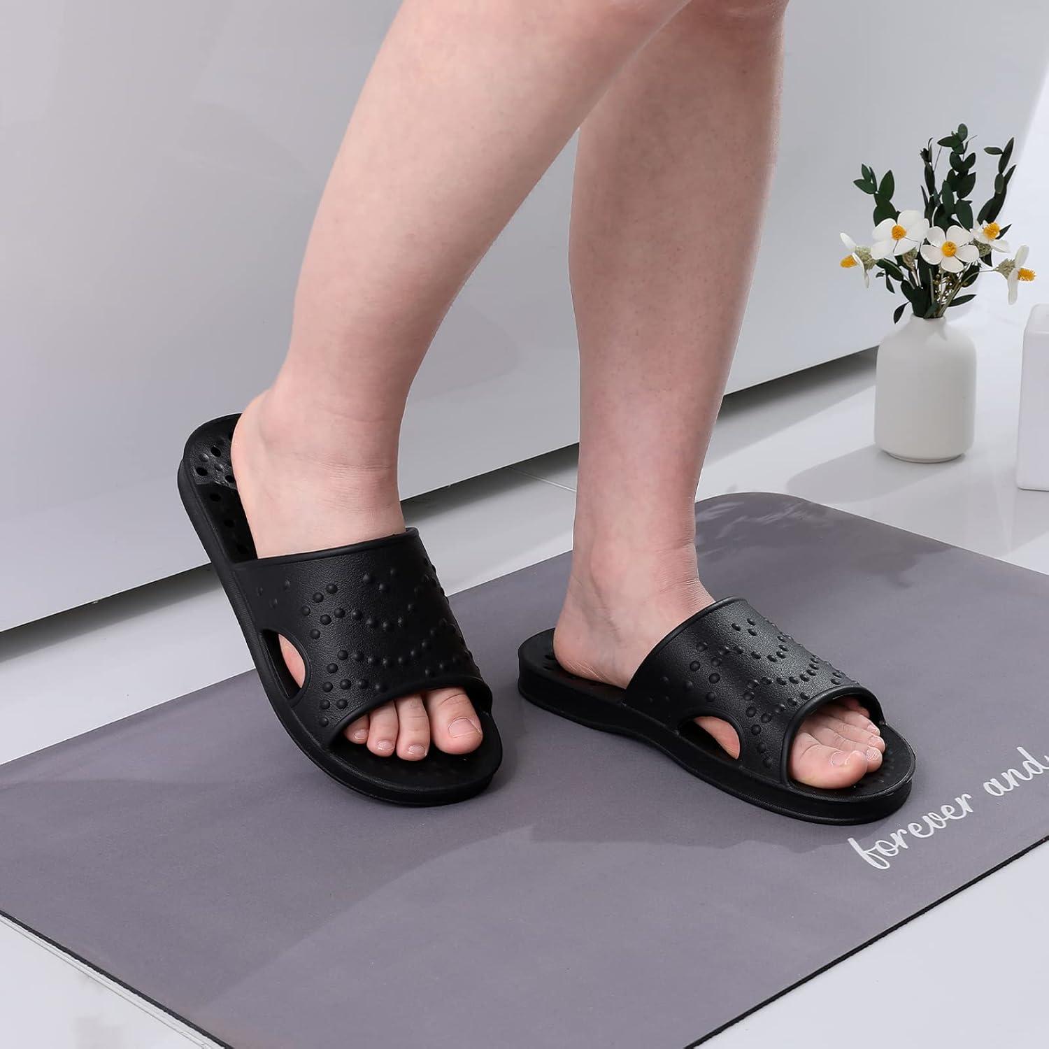 imageshevalues Shower Shoes for Women Men with Arch Support Quick Drying Pool Slides Lightweight Beach Sandals with Drain HolesBlack