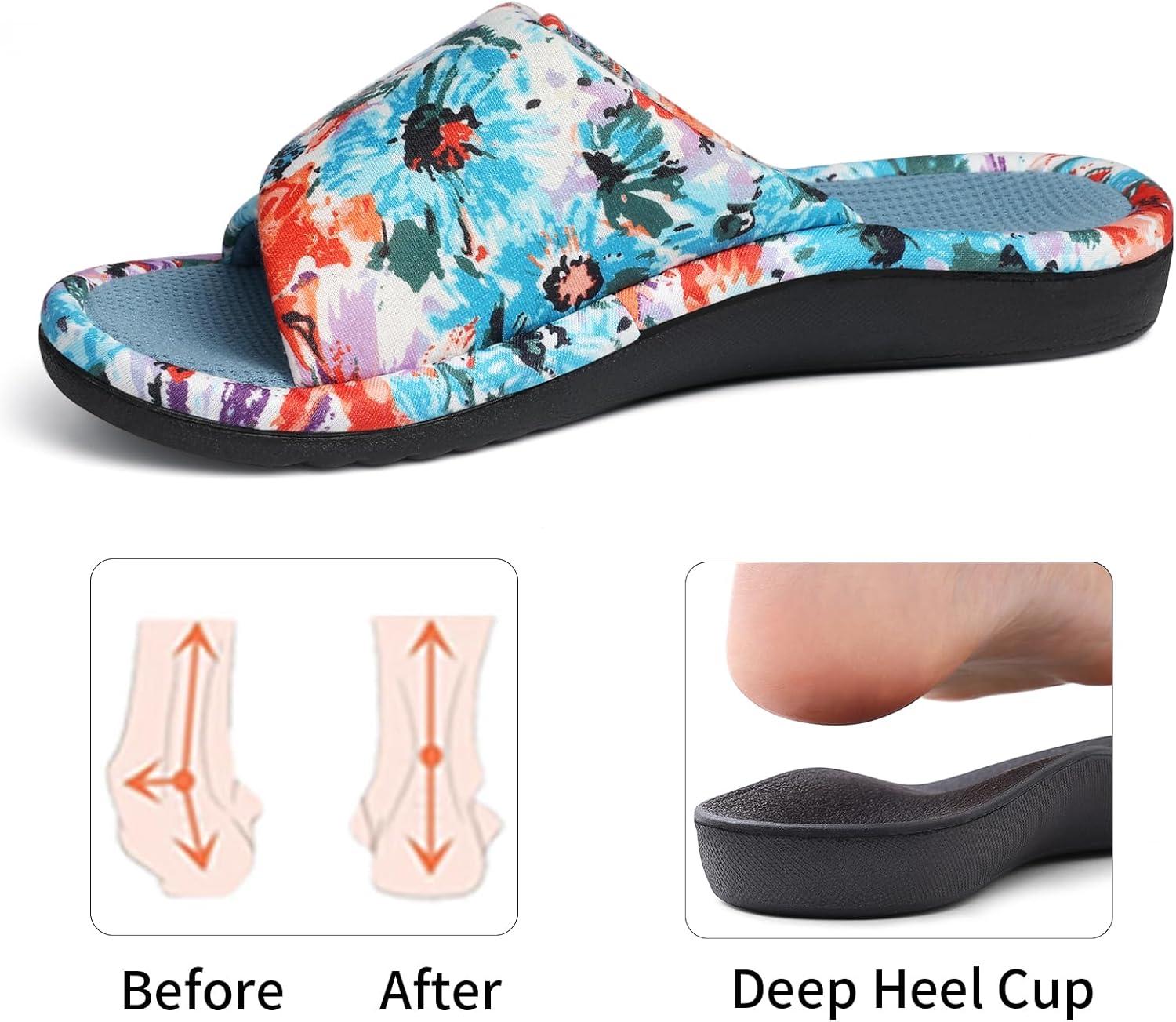 imageshevalues Summer House Slippers for Women with Arch Support Breathable Waffle Cotton Indoor Slippers Slip on Open Toe Home ShoesCyan Blue