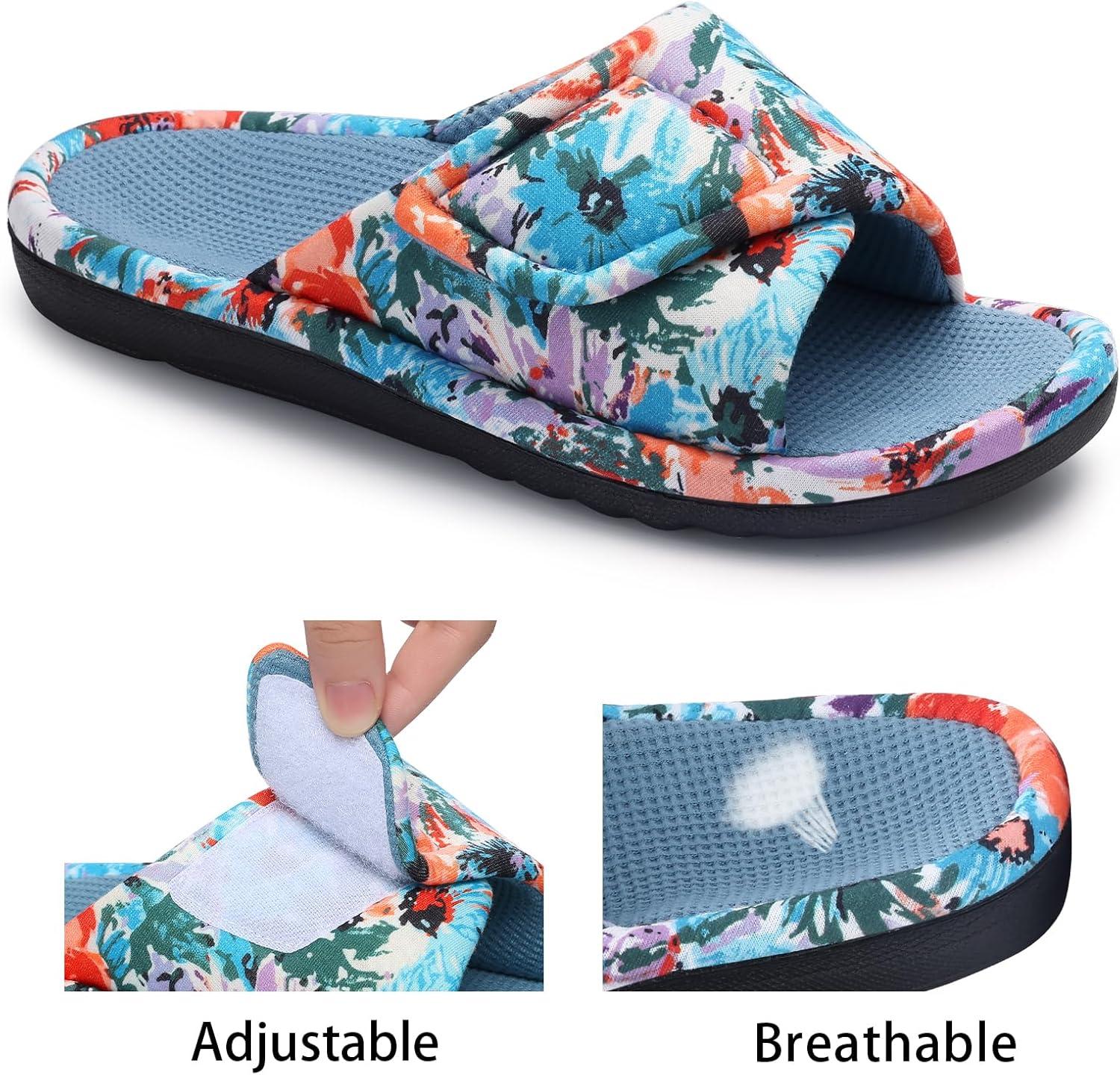 imageshevalues Summer House Slippers for Women with Arch Support Breathable Waffle Cotton Indoor Slippers Slip on Open Toe Home ShoesCyan Blue
