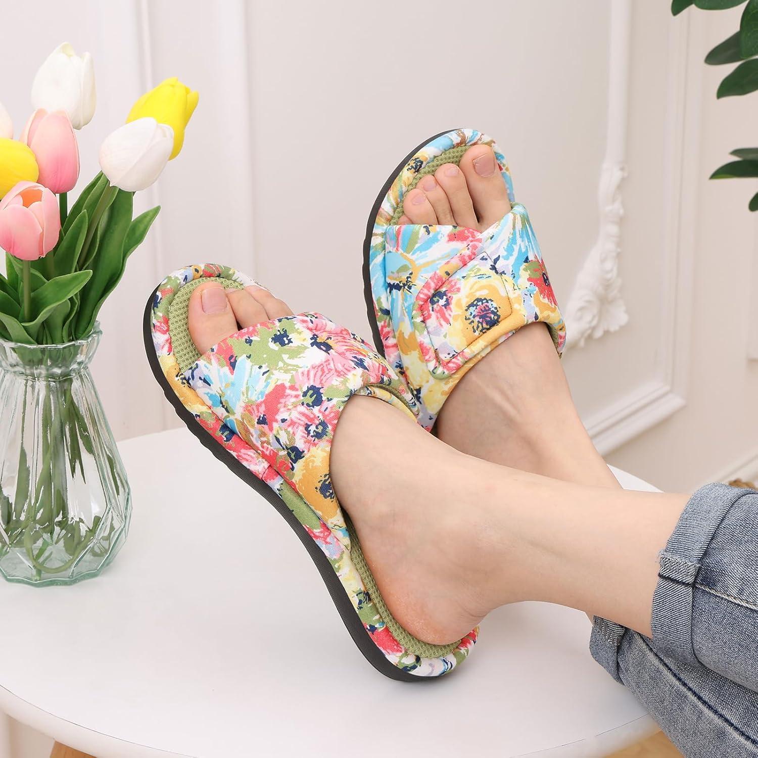 imageshevalues Summer House Slippers for Women with Arch Support Breathable Waffle Cotton Indoor Slippers Slip on Open Toe Home ShoesLime Green