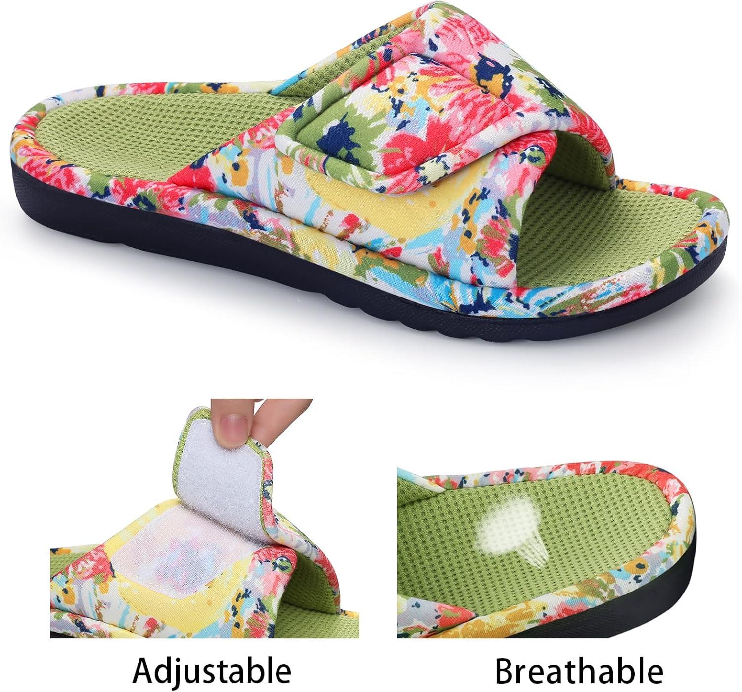 imageshevalues Summer House Slippers for Women with Arch Support Breathable Waffle Cotton Indoor Slippers Slip on Open Toe Home ShoesLime Green
