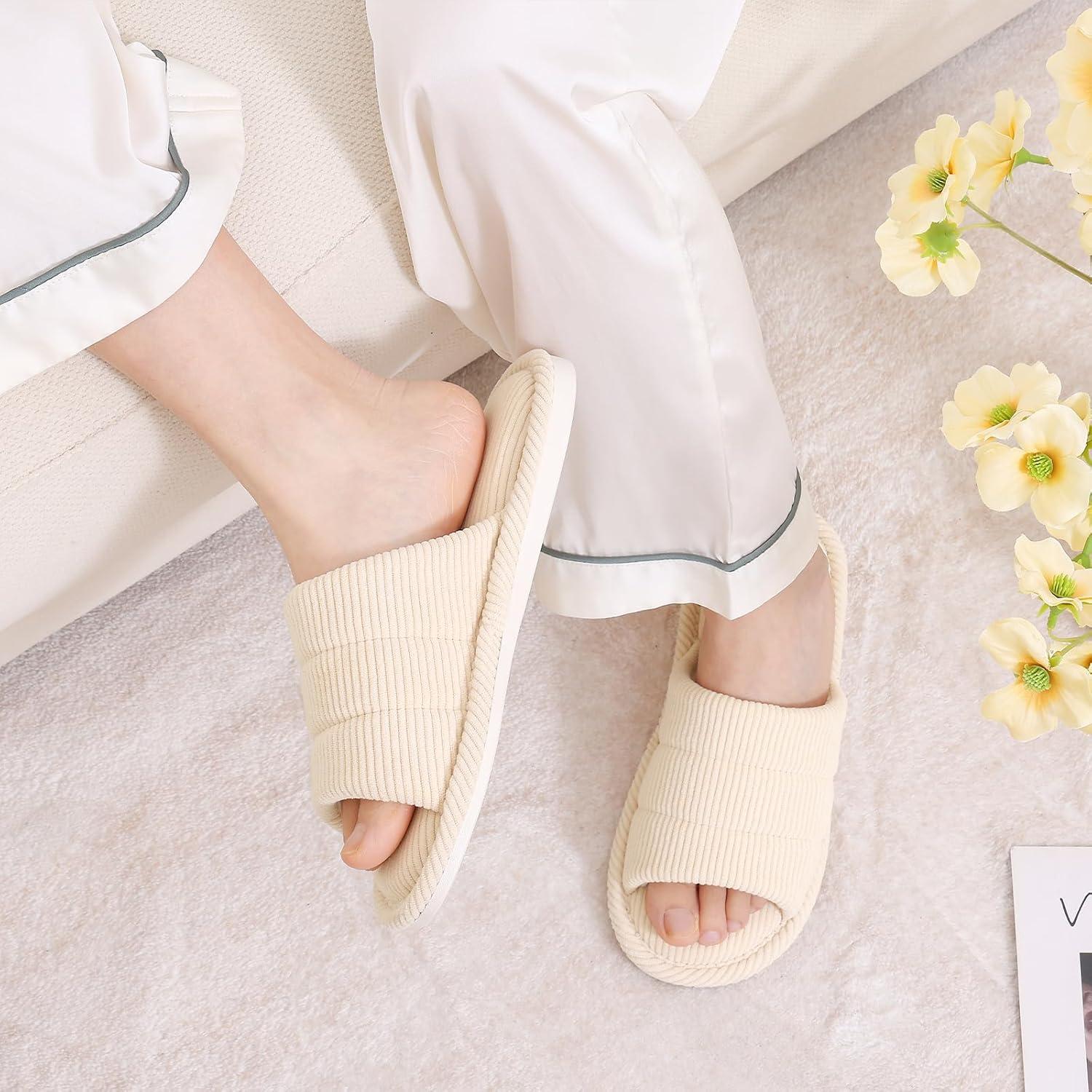 imageshevalues Terry Cloth Open Toe Slippers for Women Memory Foam Slip On House SlippersBeige